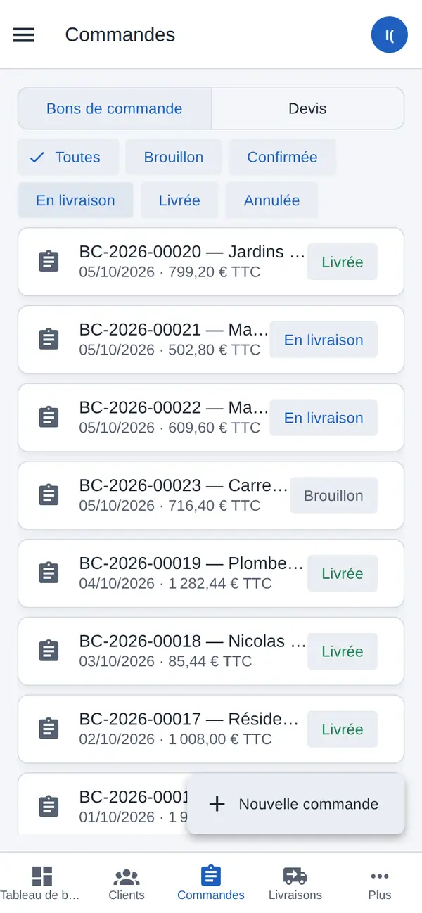 Liste des bons de commande avec leur statut