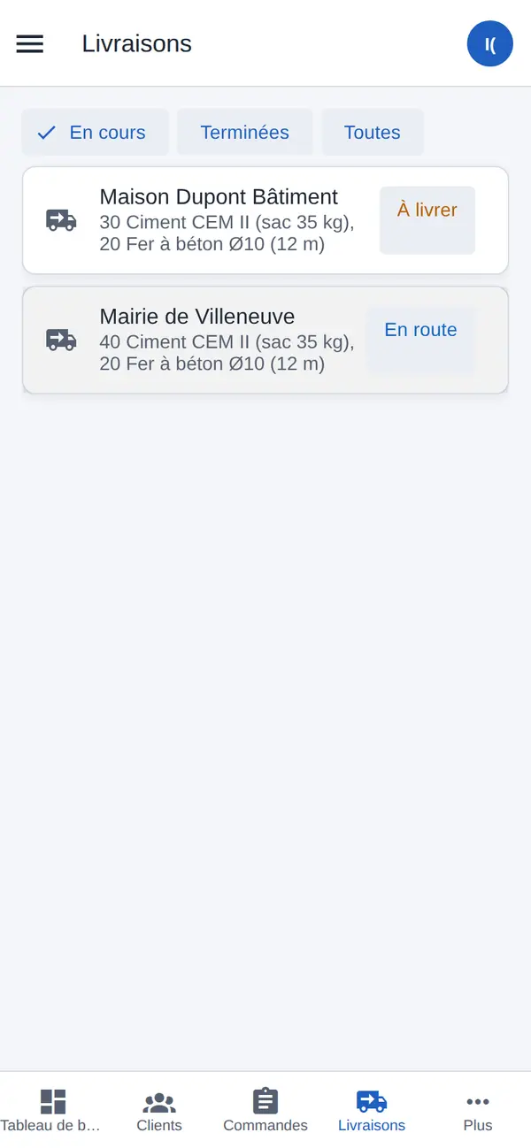 Livraisons à effectuer et en cours