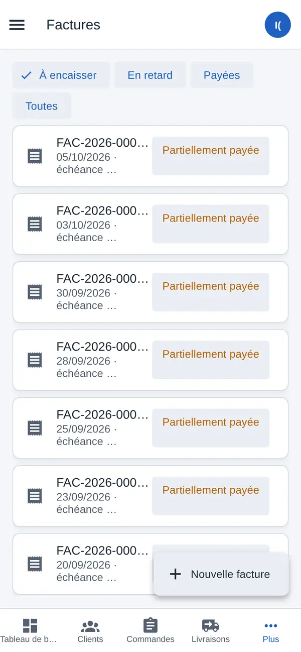 Liste des factures avec leur statut