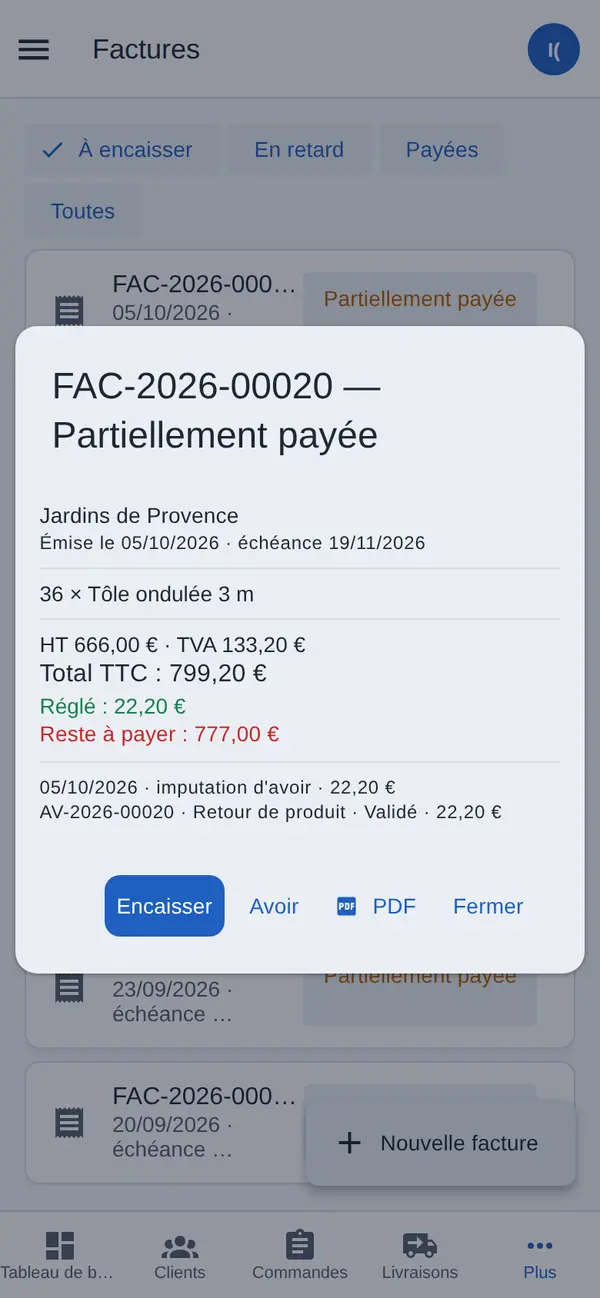 Détail d'une facture partiellement payée avec règlements
