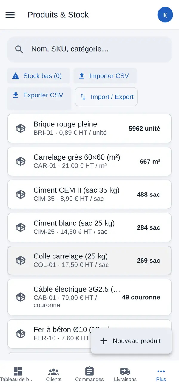 Catalogue produits et niveaux de stock