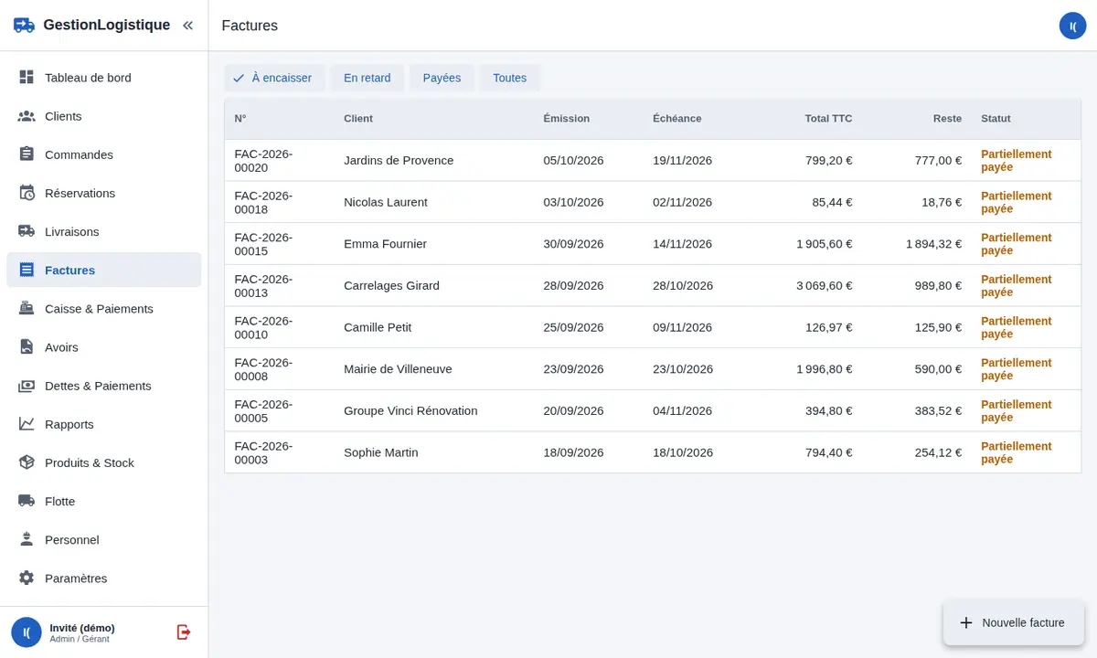 Tableau des factures sur ordinateur