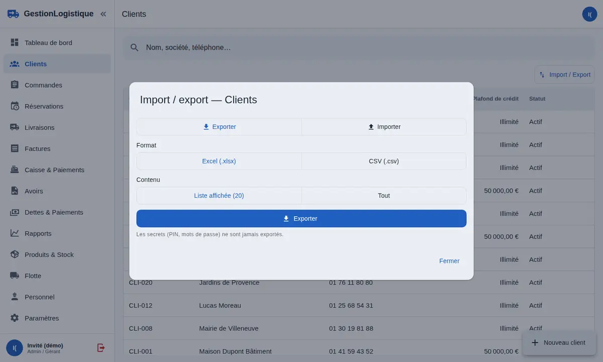 Fenêtre d'import et d'export de la liste des clients